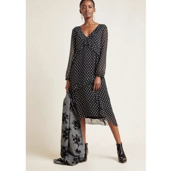 ANTHROPOLOGIE x MAEVE Serina Black White Polka Dot Ruffle Midi Dress Size Small - Picture 1 of 10
